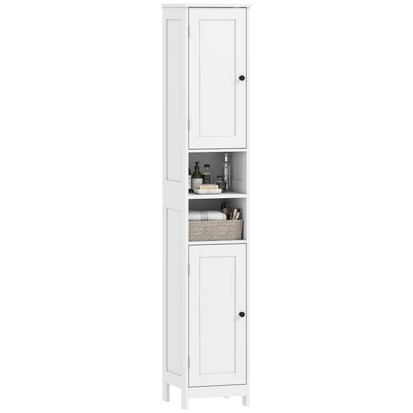Weißer Hochschrank für das Badezimmer mit zwei Türen und zwei offenen Fächern.