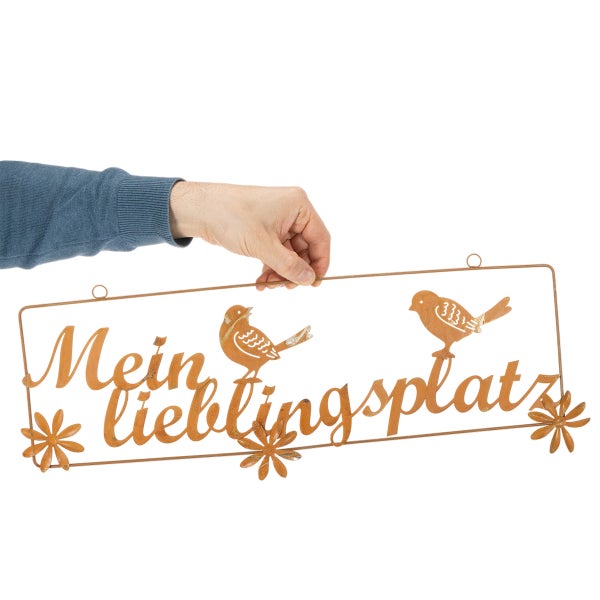 Dekoratives Metallschild in Rostoptik mit dem Schriftzug Mein Lieblingsplatz, zwei Vögeln und drei Blüten.
