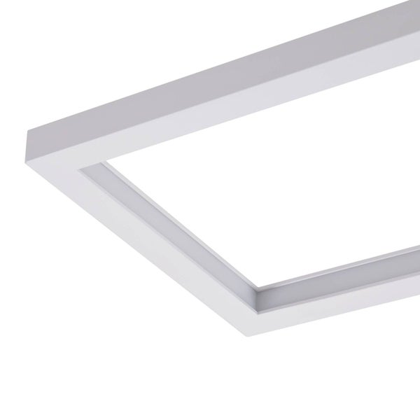 Eckdetail eines quadratischen LED-Panels mit flachem weißem Rahmen für Deckenmontage.