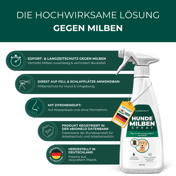 Silberkraft Milbenspray Hund 500 ml, Effektiver Schutz gegen Milben, Milbenschutz für Hunde, Anti-Milben-Mittel für Fell & Schlafplätze