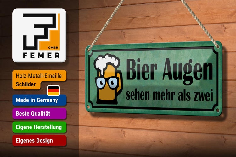 Blechschild Spruch 27x10cm Bier Augen sehen mehr als zwei Dekoration
