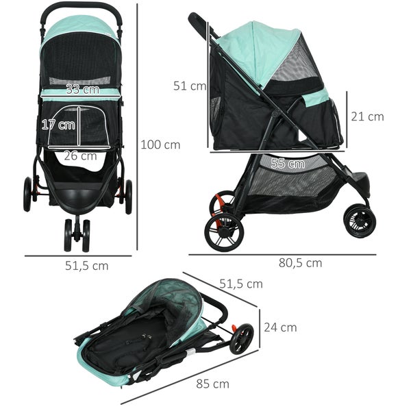 PawHut 2 in 1 Hundewagen Hundebuggy mit Regenschutz klappbar für Hunde & Katzen bis 10 kg Katzenbuggy mit Kissen Netzfenstern Türen Aufbewahrungskorb Katzenwagen Buggy Grün