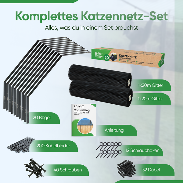 Komplettes Katzennetz-Set mit 20 Bügeln, zwei Gittern 1 mal 20 Meter, Anleitung, 200 Kabelbindern, 12 Haken, 40 Schrauben und 52 Dübeln.