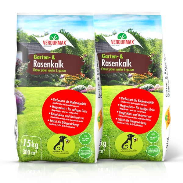 Zwei Säcke Garten- und Rasenkalk mit Informationen zur Bodenverbesserung, Magnesium, Moos- und Unkrautbekämpfung und Düngewirkung.