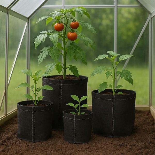 Vier schwarze Pflanzsäcke aus Textil in verschiedenen Größen in einem Gewächshaus, bepflanzt mit einer Tomatenpflanze und Jungpflanzen.