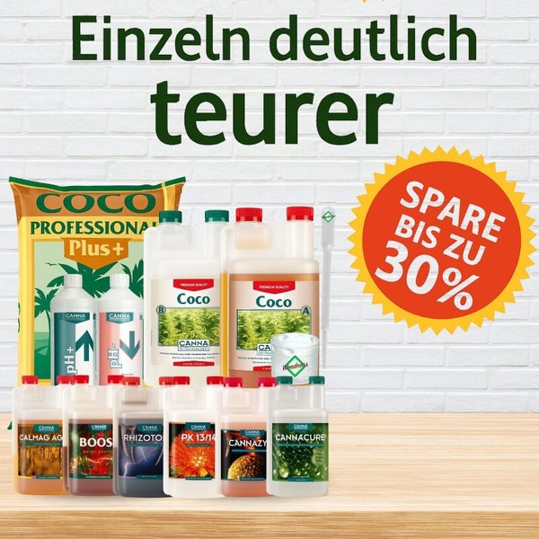 CANNA Pflanzendünger-Set bestehend aus Kokos-Substrat, Wachstums- und Blühdünger sowie Zusätzen. Sparen Sie bis zu 30 Prozent beim Set-Kauf.