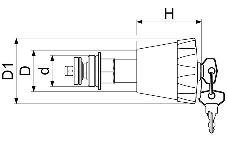 Technische Zeichnung eines absperrbaren Ventiloberteils mit Maßangaben für Durchmesser D1, D, d und Höhe H sowie zwei Schlüsseln.