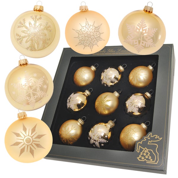 Gold/Satin-Gold 8cm Glaskugelsortiment, mundgeblasen, handdekoriert, 9 Stck., Weihnachtsbaumkugeln, Christbaumschmuck, Weihnachtsbaumanhänger