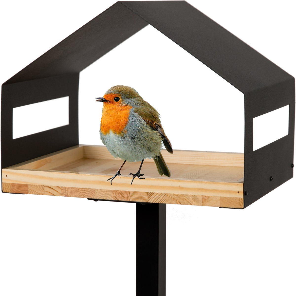 WONDERMAKE - Design Vogelhaus mit Ständer aus Metall und Holz wetterfest, modernes Vogelfutterhaus groß Metalldach stehend, Vogelhäuschen Futterhaus für Vögel zum Stellen XL