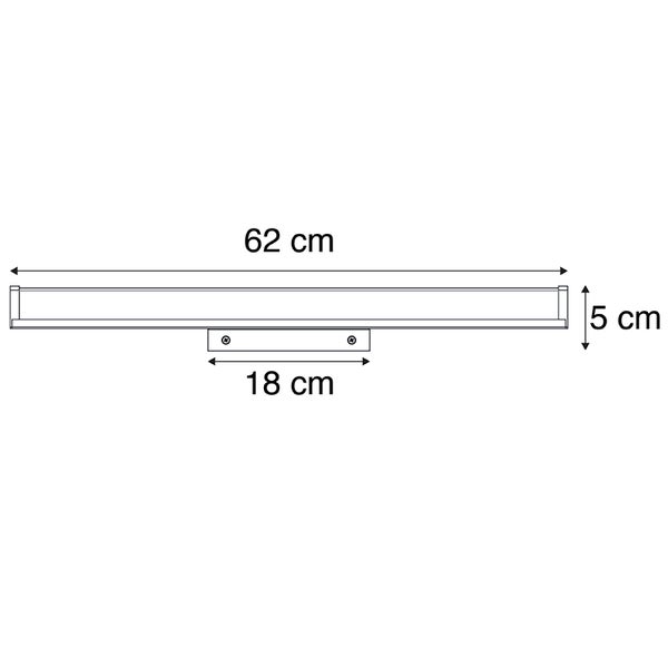 Technische Zeichnung einer 62 Zentimeter langen, 5 Zentimeter hohen und 18 Zentimeter breiten Badezimmerleuchte