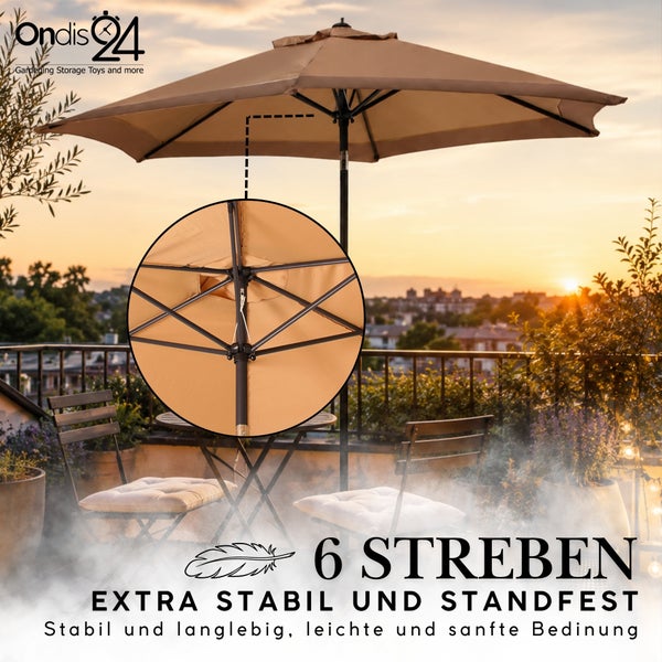 Sonnenschirm auf einem Balkon mit Stühlen und Tisch bei Sonnenuntergang. Detailansicht der sechs stabilen Streben. Ondis24 Logo.