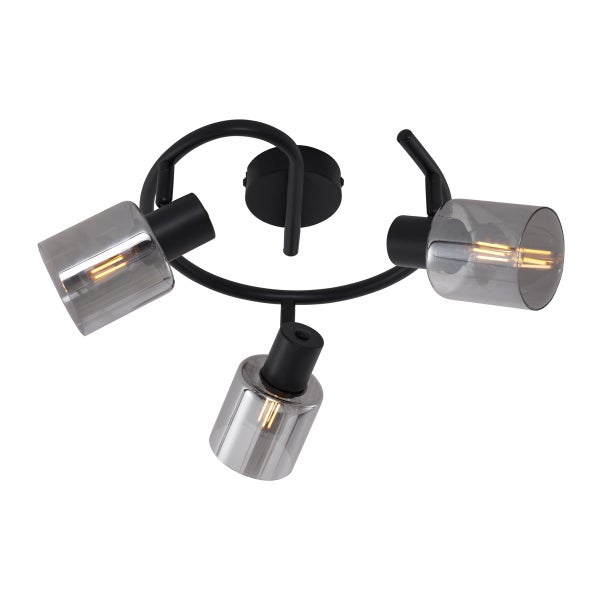 Deckenleuchte mit drei Strahlern und grauen Glasschirmen