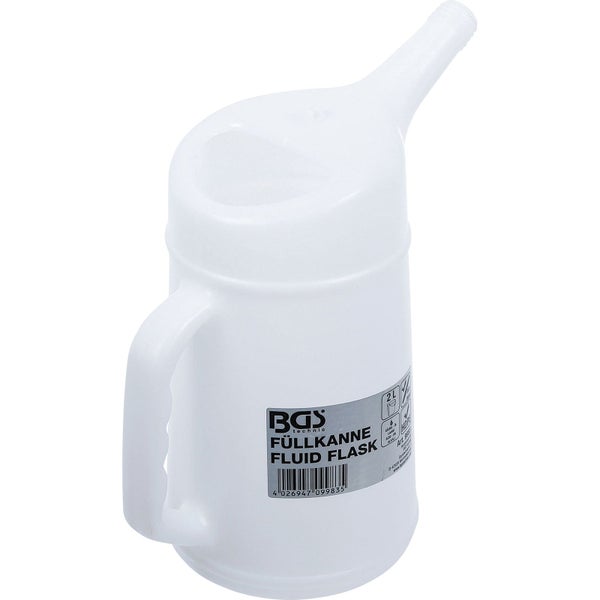 Weiße Füllkanne aus Kunststoff mit Griff und Ausgießer, 2 Liter Fassungsvermögen.