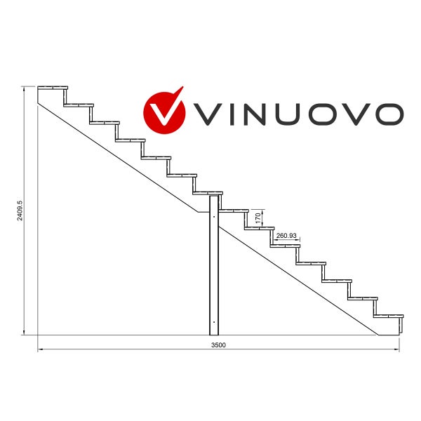 Technische Zeichnung einer Treppe mit Maßangaben und Vinuovo Logo