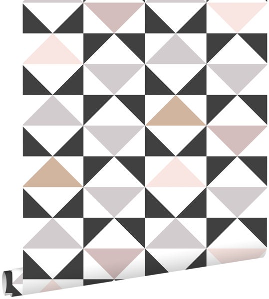 ESTAhome Tapete grafische Dreiecke Weiß, Schwarz, Grau und Altrosa - 53 cm x 10.05 m - 139094