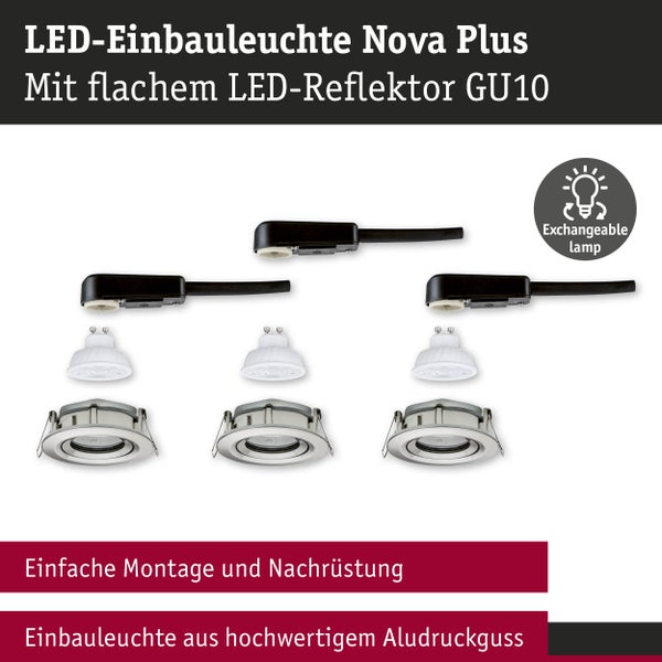 LED-Einbauleuchte Nova Plus Set aus Aludruckguss mit flachem GU10 LED-Reflektor, Anschlussboxen und Symbol für austauschbares Leuchtmittel.