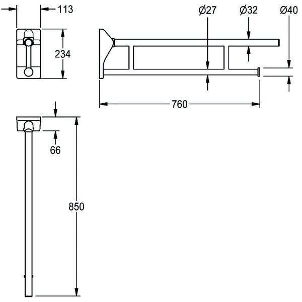 Technische Zeichnung eines Waschtischunterschranks mit Waschbecken, Breite 848 Millimeter, Höhe 540 Millimeter, Tiefe 450 Millimeter.