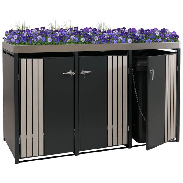 Mülltonnenbox mit Bepflanzung auf dem Dach und abschließbaren Türen