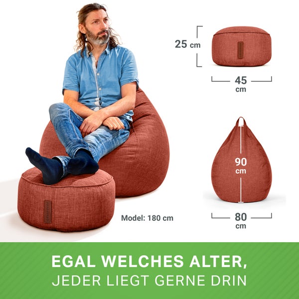 Green Bean 2er Set Indoor Sitzsack + Hocker mit EPS-Perlen Füllung - Fußhocker Fußkissen Sitz-Pouf Bodenkissen Liegekissen Sitzkissen Lounge Chair Sitzhocker Relax-Sessel Bean Bag Rot