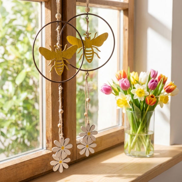 Zwei hängende Fensterdekorationen mit Bienenmotiven in Metallringen und Blumenanhängern vor einem Fenster mit einer Blumenvase.