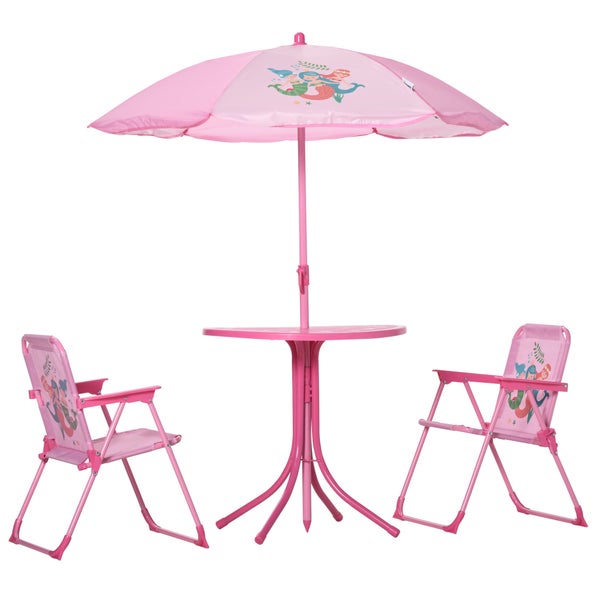 Outsunny 4tlg. Kindersitzgruppe, Gartentisch mit 2 Klappstühle, für 3-6 Jahre, Ø49,5 x 50H cm, Metall, Polyester, Rosa