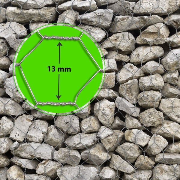 Nahaufnahme eines Gabionensteins mit einer Maschenweite von 13 Millimetern