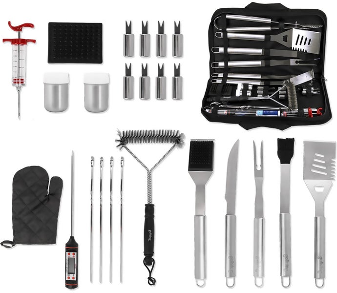 Goliving Grillzubehör Set - BBQ Tools - 25 Grillzubehör - Set mit Zange, Spachtel, Pinsel, Fleischmesser, Handschuh und Tragetasche