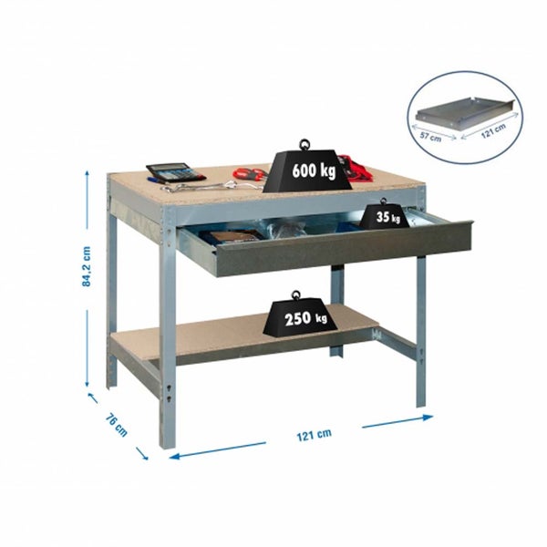 PROREGAL Werkbank Buffalo mit Schubfach HxBxT 84 x 120 x 76 cm Traglast 600 kg Grau