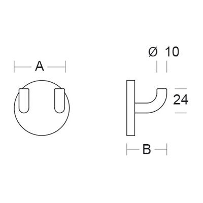 Maßzeichnung eines Doppelhaken mit Angaben zu Breite A, Ausladung B, Durchmesser 10 und Höhe 24 Millimeter.