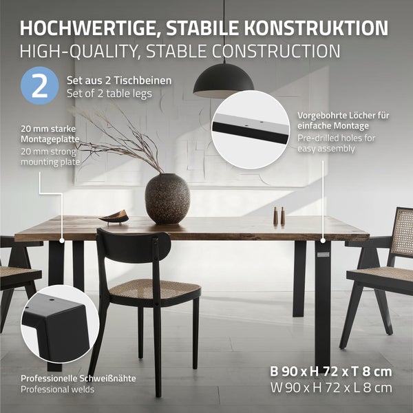 ML-Design 2er Set Tischbeine Loft 90x72 cm, Schwarz, Profil 8x2 cm, aus Stahl, Industriedesign, U-Form, Metall Tischgestell scandic, Tischkufen Tischuntergestell Möbelfüße, für Esstisch/Schreibtisch