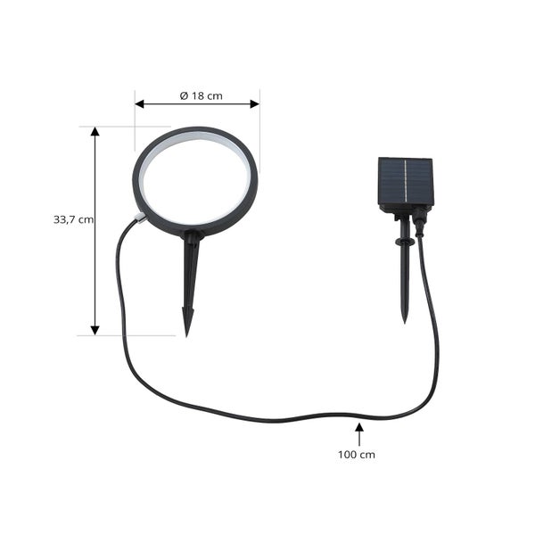 Ringförmige Solar-Gartenleuchte mit Erdspieß und Solarpanel. Durchmesser 18 Zentimeter, Höhe 33,7 Zentimeter, Kabellänge 100 Zentimeter.