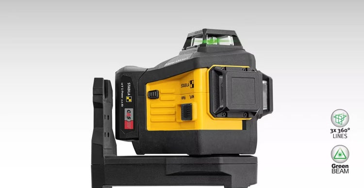 Stabila Linienlaser LAX 600 G mit 360 Grad Laserlinien und grünem Laserstrahl, inklusive Akku für präzises Nivellieren.