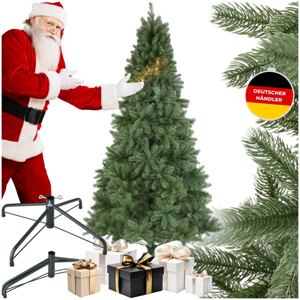 Künstlicher Weihnachtsbaum mit Christbaumständer und Geschenkboxen mit dem Siegel Deutscher Händler.