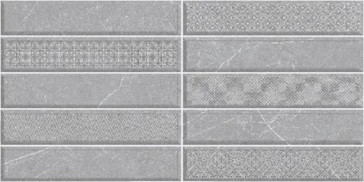 Mehrere graue Wandfliesen mit unterschiedlichen Mustern.