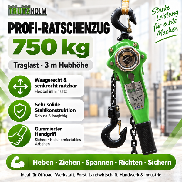 Trutzholm Profi Ratschenzug mit 750 Kilogramm Traglast und 3 Meter Hubhöhe für Heben Ziehen Spannen Richten und Sichern im gewerblichen Einsatz.