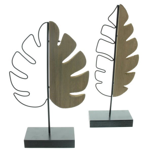 FRANK FLECHTWAREN|Dekoelement Blätter, 2er Set, 20 x 6 x 31 cm, 13 x 6 x 35 cm, HOLZ, METALL