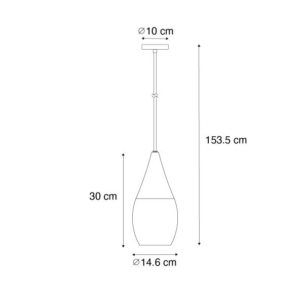 Technische Zeichnung einer Pendelleuchte mit den Maßen 153,5 cm Höhe, 30 cm Lampenschirmhöhe und 14,6 cm Lampenschirmdurchmesser.