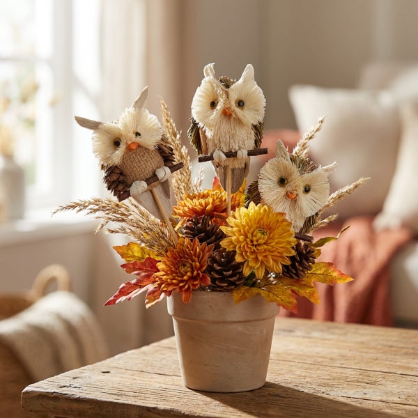Herbstliches Gesteck in einem Topf mit drei dekorativen Eulenfiguren, künstlichen Blumen, Zapfen und Blättern als Tischdekoration.