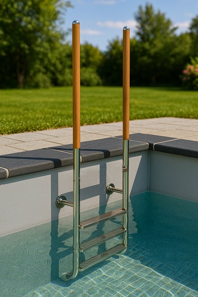 Edelstahlschwimmbadleiter mit Holzhandlauf am Beckenrand