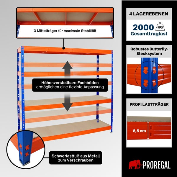 Schwerlastregal mit 4 Ebenen, 2000 Kilogramm Traglast, höhenverstellbaren Böden, Butterfly-Stecksystem und 3 Mittelträgern. PROREGAL Logo.