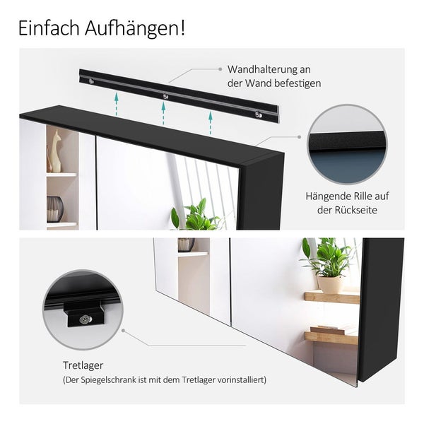 Illustration zur Montage eines Spiegelschranks mit Wandhalterungsschiene, rückseitiger Aufhängenut und vorinstalliertem Tretlager zur Stabilisierung.