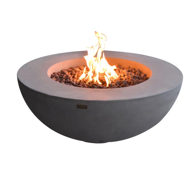 Runde Elementi Gas-Feuerschale in Betonoptik mit Lavasteinen und lodernder Flamme.