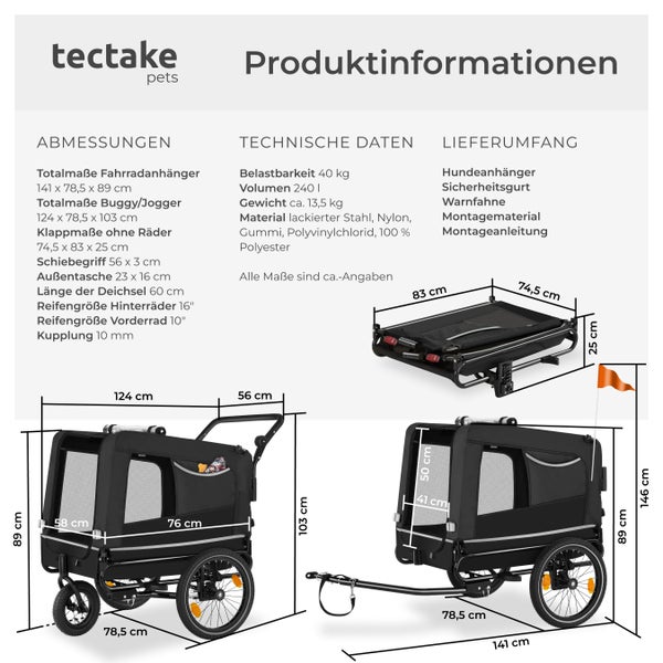 Produktinformationen und Abmessungen des tectake Hundeanhängers