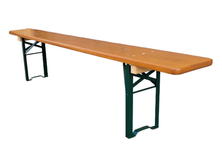 Klappbare Bierzeltbank mit Sitzfläche aus Holz und Untergestell aus Metall.