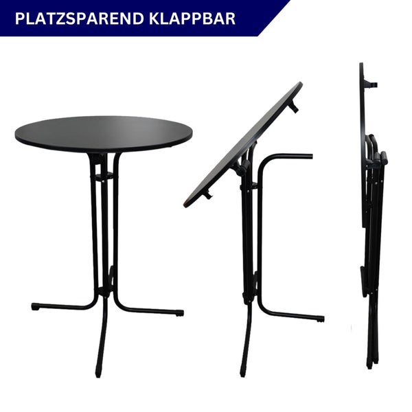 Platzsparender Klapptisch in drei Ansichten: aufgebaut, geklappt und seitlich.