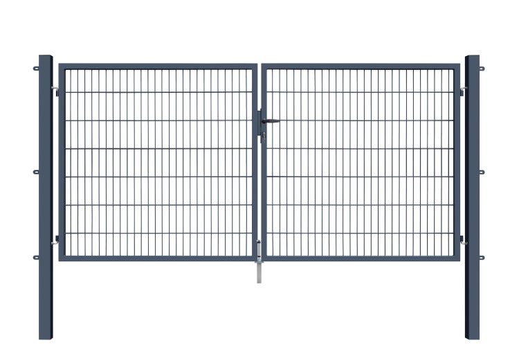 Doppelflügeltor aus Metall mit Maschendrahtfüllung