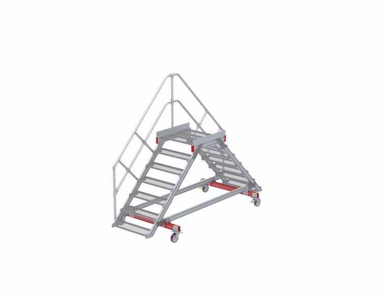 Fahrbare Treppe aus Metall mit Handlauf.