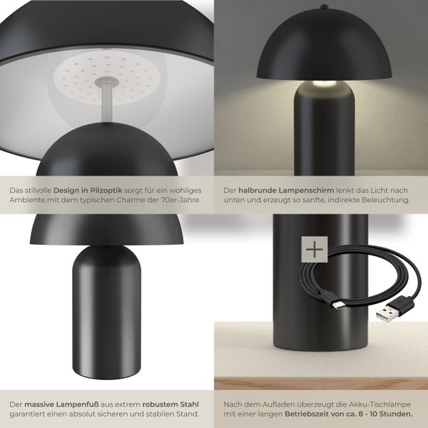 Schwarze Akku Tischleuchte im Pilzdesign mit USB-Ladekabel und Stahlfuß