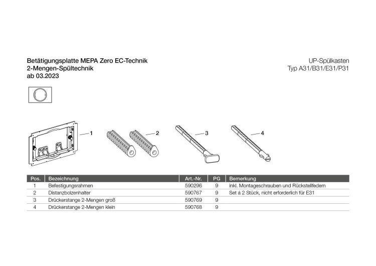 Ersatzteilzeichnung für Mepa Zero EC Technik Betätigungsplatte mit Liste der Bauteile wie Befestigungsrahmen und Drückerstangen.