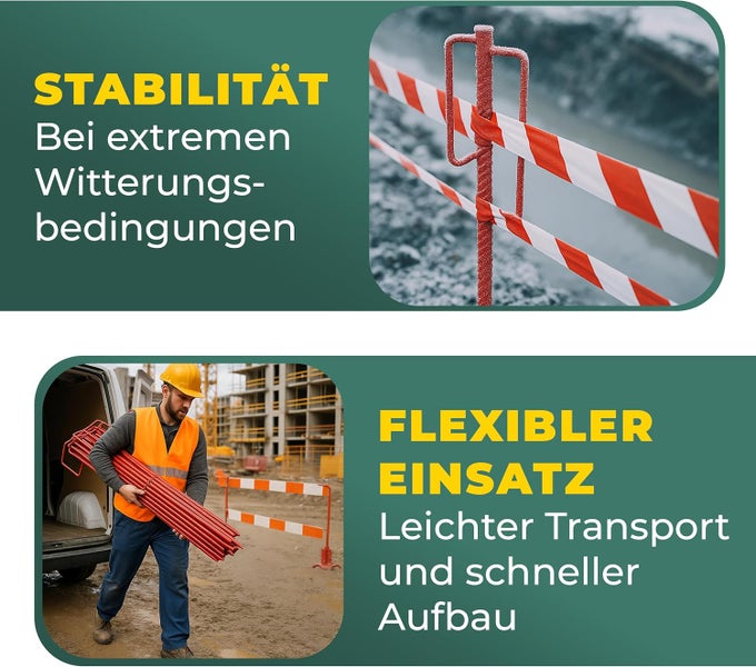 Metall-Absperrstab im Frost mit Absperrband und ein Bauarbeiter mit einem Bündel Absperrstäben auf einer Baustelle.